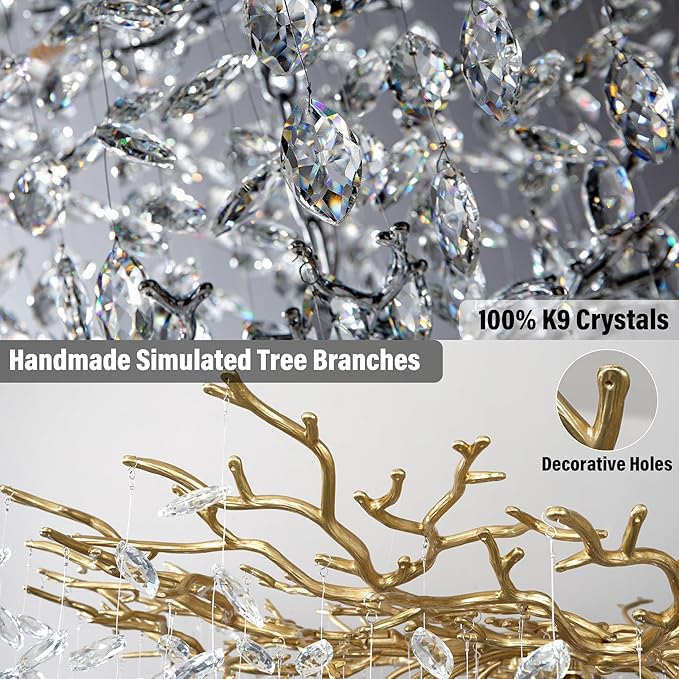 71" Modern Crystal Chandelier, 20-Light Gold Tree Branch Chandelier, Luxury Rectangular K9 Crystal Raindrop Chandeliers for Dining Room, Kitchen Island, Living Room, Contemporary Pendant Light Fixture