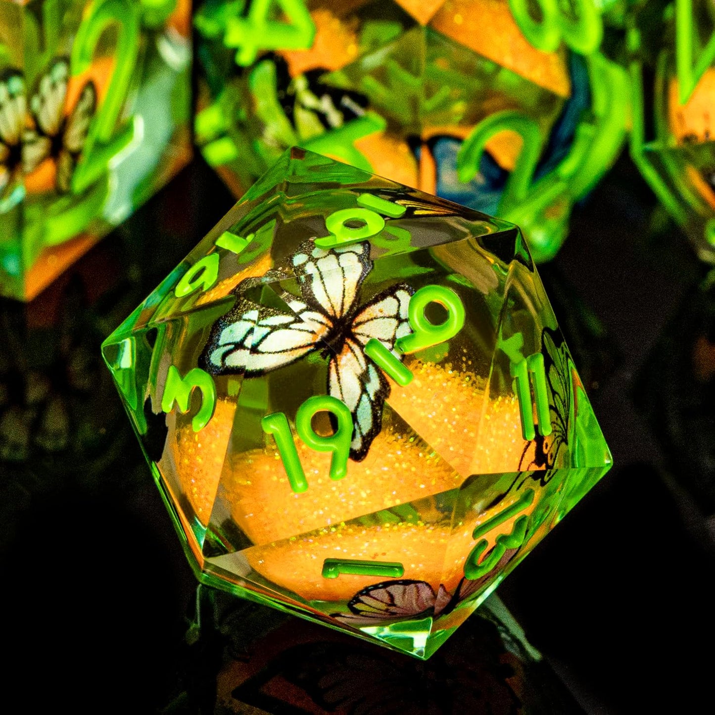 Butterfly DND Dice Green Liquid Core Dice Set with Metal Box, Handmade Sharp Edge D and D Polyhedral Dice for use with D&D Role Playing Game, D20 D12 D10 D8 D6