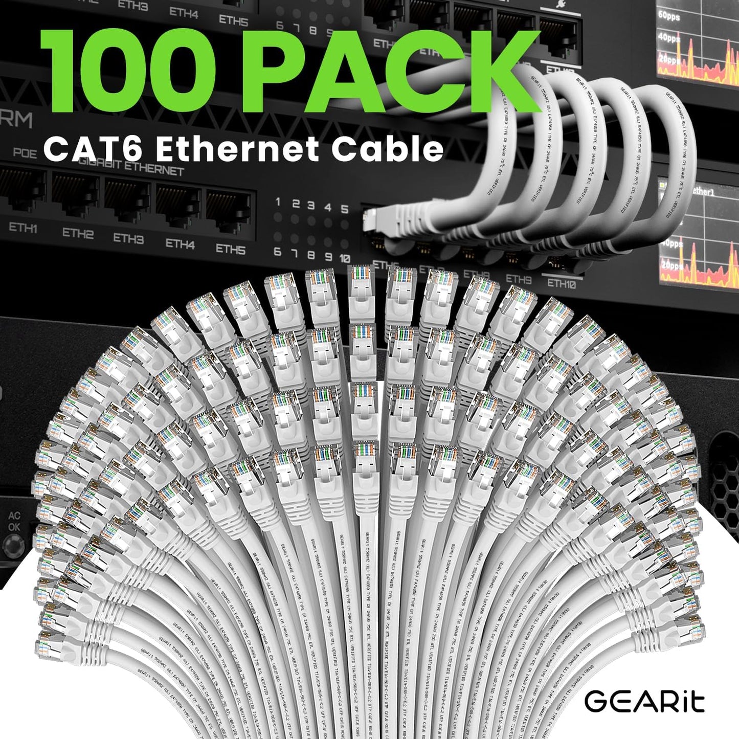 GEARit Cat 6 Ethernet Cable (100-Pack 2 Feet) Cat6 Network Patch, 10Gbps, RJ45, Snagless Cord, Gold-Plated Connectors, Internet for PC, TV, Tablet, Router, Printer, Servers, IT Data Center - White