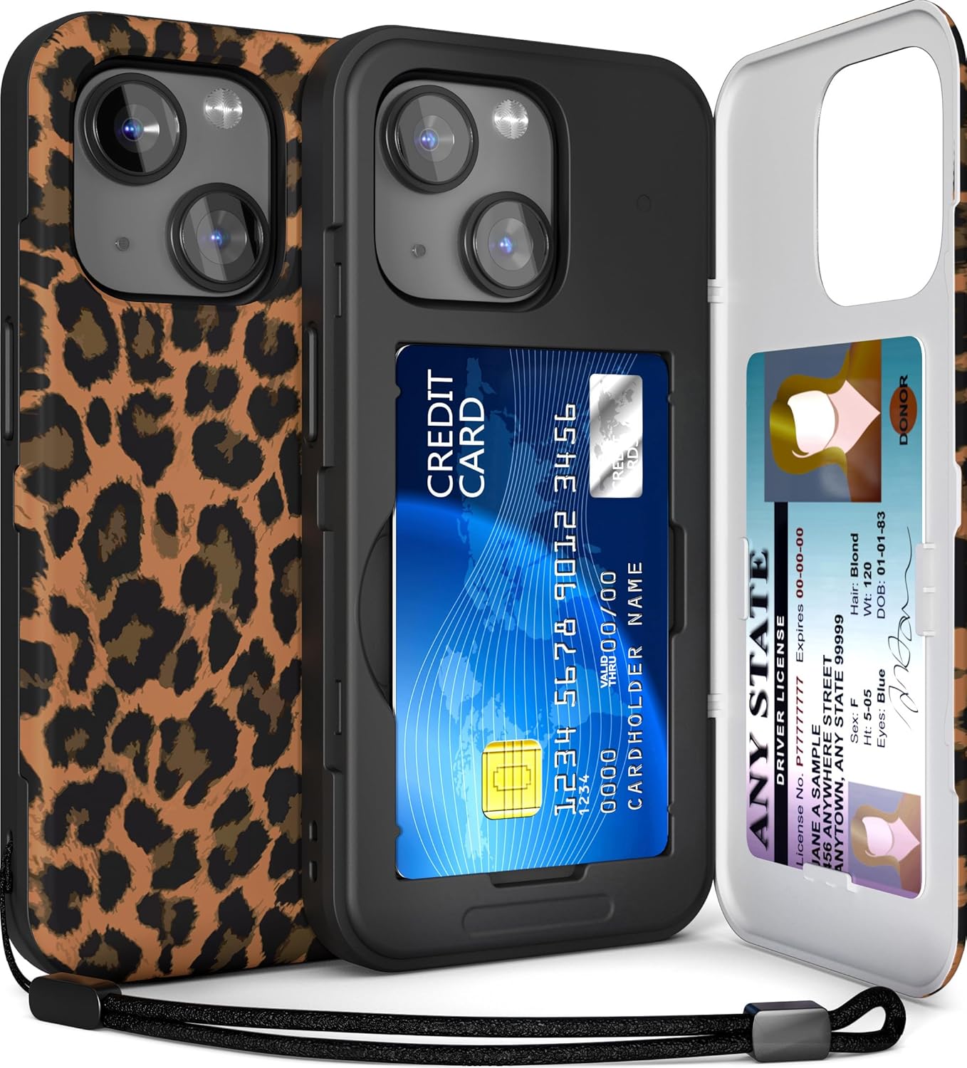 TORU CX Slim for iPhone 15 Case Wallet | Protective Shockproof Heavy Duty Cover with Hidden Card Holder & Card Slot | Mirror & Wrist Strap Included - Leopard