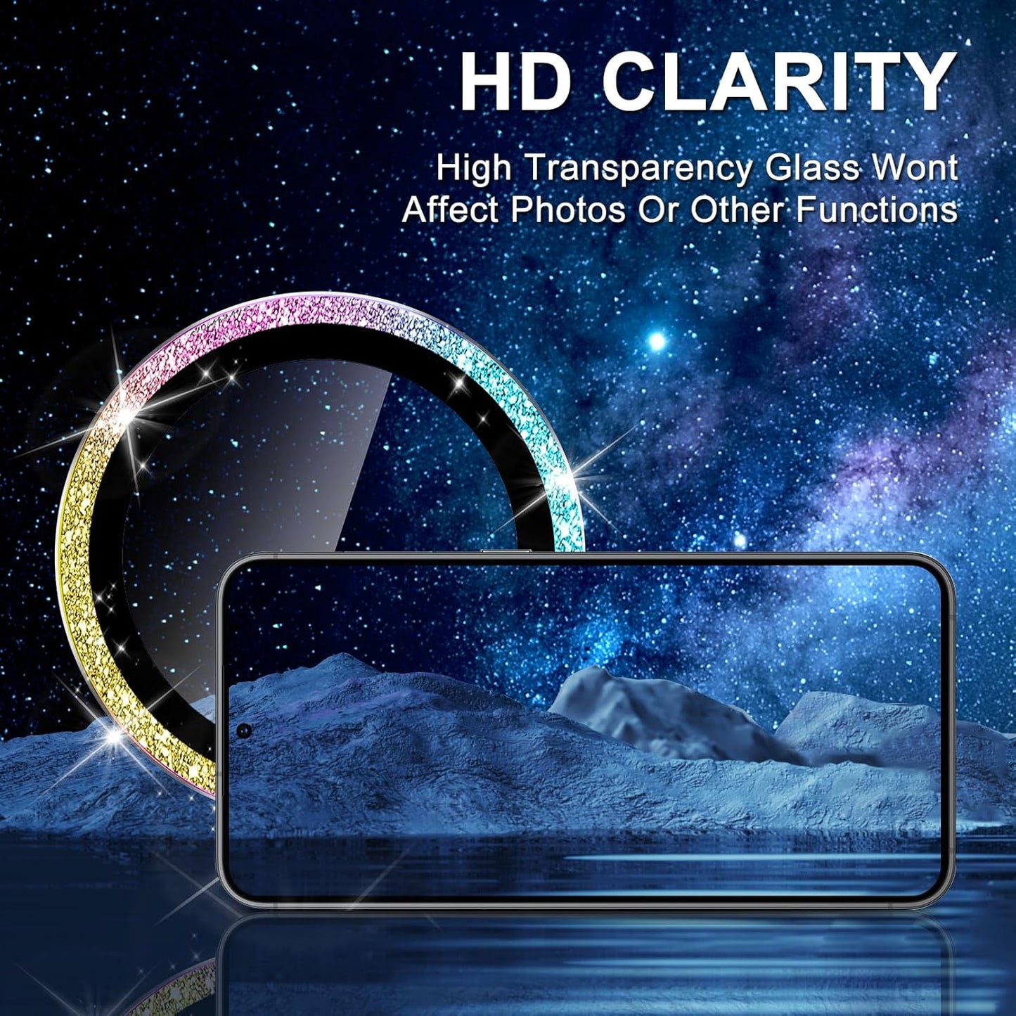 for Samsung Galaxy S24 FE Camera Lens Protector, Individual Metal Ring Tempered Glass Lens Cover, [Strong Adsorption] Scratch Resistant Ultra-Thin HD Clear Lens Cover, 1 Set-Colorful Sparkly