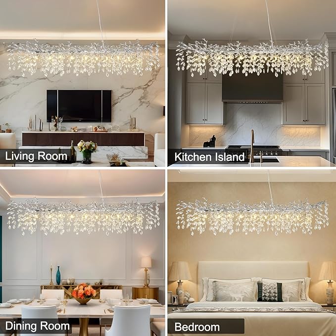 YUYI 71" Silver Chandelier, 20-Light Modern Crystal Tree Branch Chandelier, Luxury Rectangular Chandeliers for Dining Room, Kitchen Island, Living Room, Contemporary K9 Crystal Raindrop Light Fixture