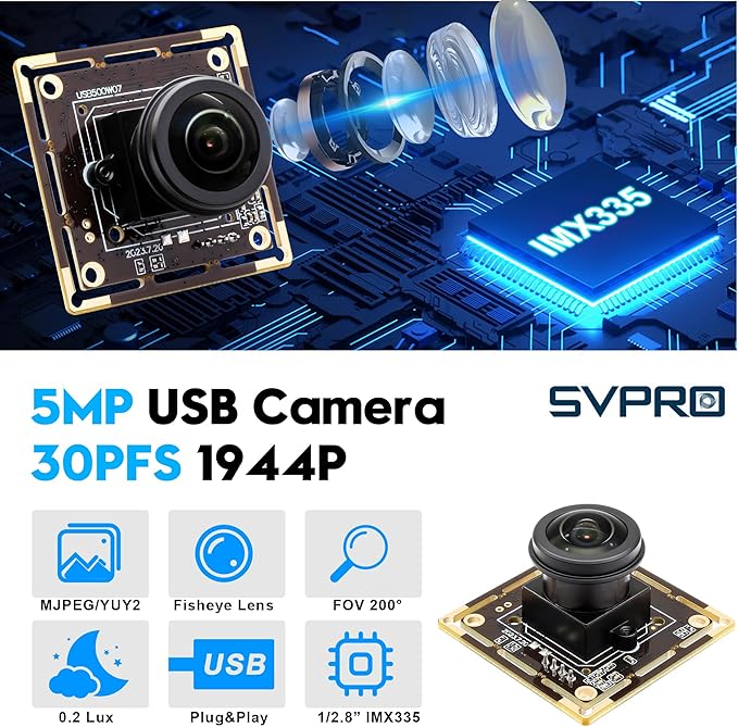 SVPRO 5MP 30FPS Fisheye USB Camera Module 200 Degree Ultra Wide Angle Webcam Board IMX335 Sensor Low Light Computer Vision Industrial Security Camera for PC,Raspberry Pi, Jeston Nano(M12 Lens)