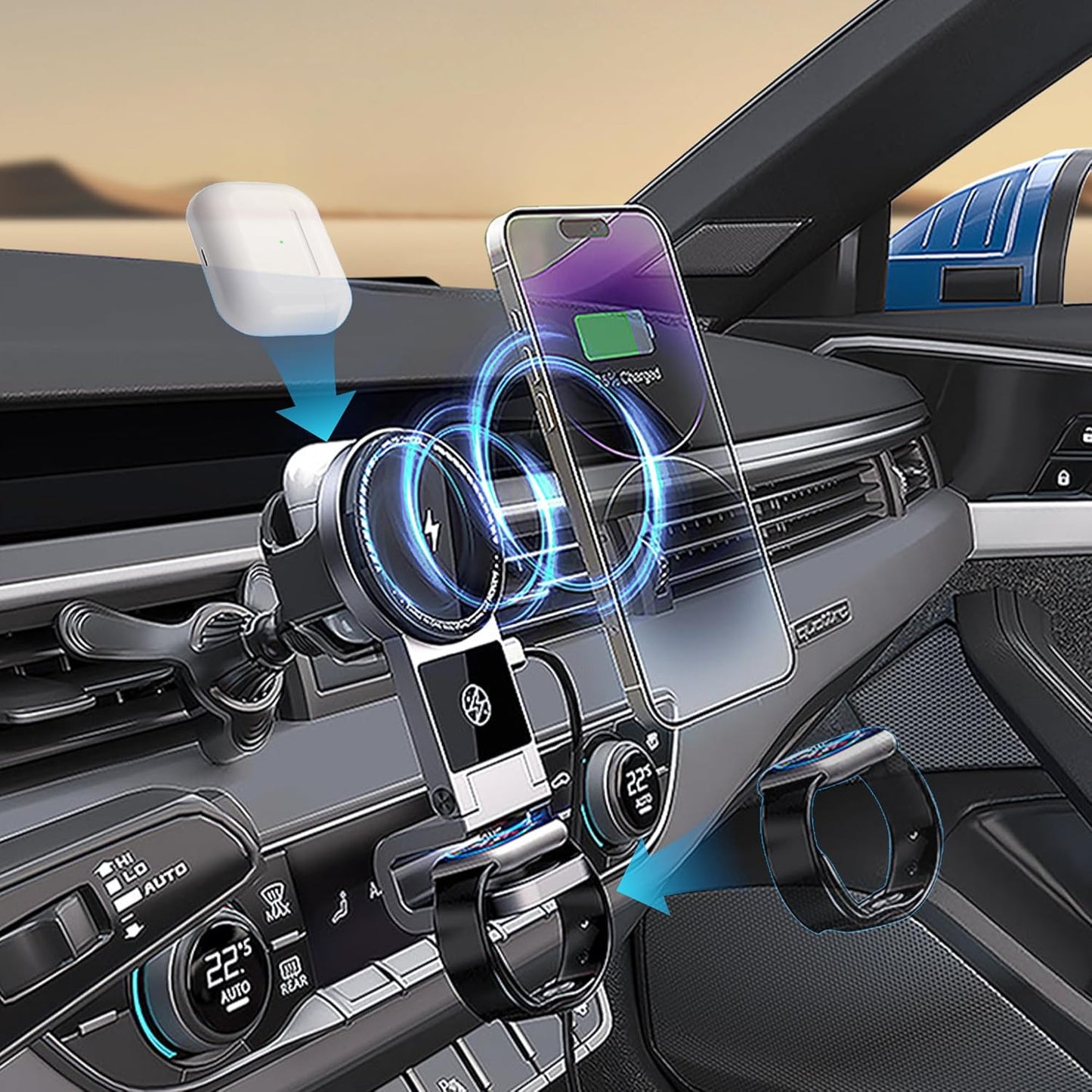 3 in 1 Wireless Car Charger, 15W Fast Charging Phone Holder Foldable Magnetic Mount Fit for All iPhone Android Phone, iWatch, Airpods Wireless Earphone