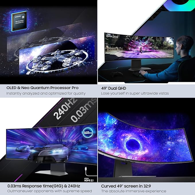 Samsung 49" Odyssey OLED G9 (G95SC) Series Curved Smart Gaming Monitor w QD-OLED, 240Hz, 0.03ms, AMD Freestyle Premium Pro, G-Sync Compatible, Dual QHD, Neo Quantum Processor Pro, LS49CG954SNXZA