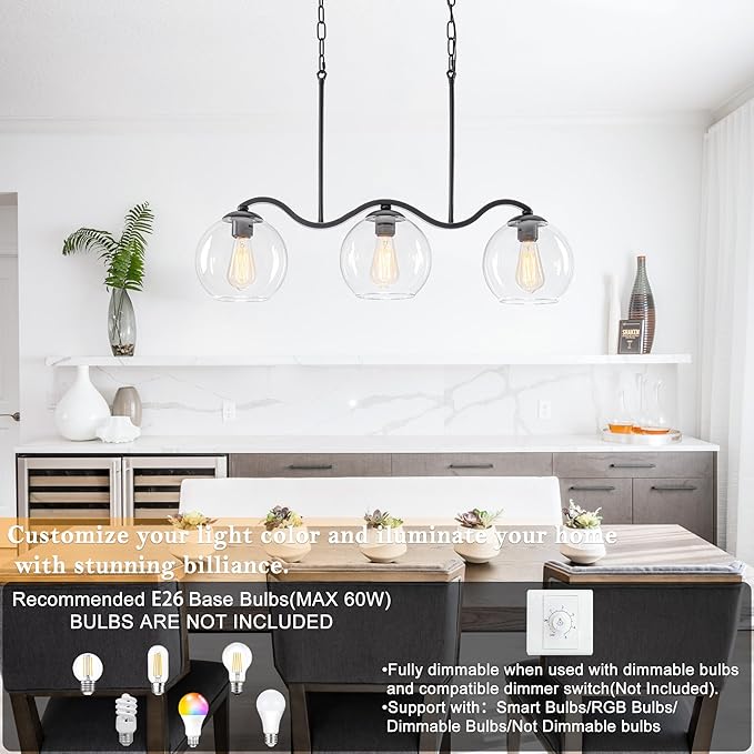 3-Light Black Pendant Light & Semi Flush Mount Ceiling Light, Industrial Farmhouse Linear Chandelier for Kitchen Island, Dining Room, Glass Globe Hanging Fixture