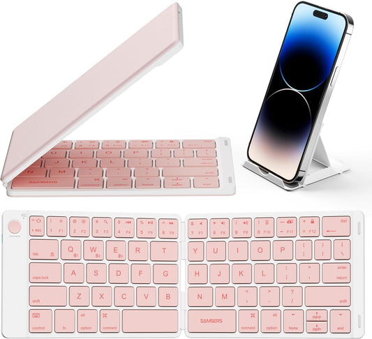 Samsers Bluetooth Foldable Keyboard - Wireless Portable Folding Keyboard, Full-Size Ultra-Slim Rechargeable Connect Up to 3 Devices for iOS, Android, Windows Phone, Tablet, Laptop - Pink
