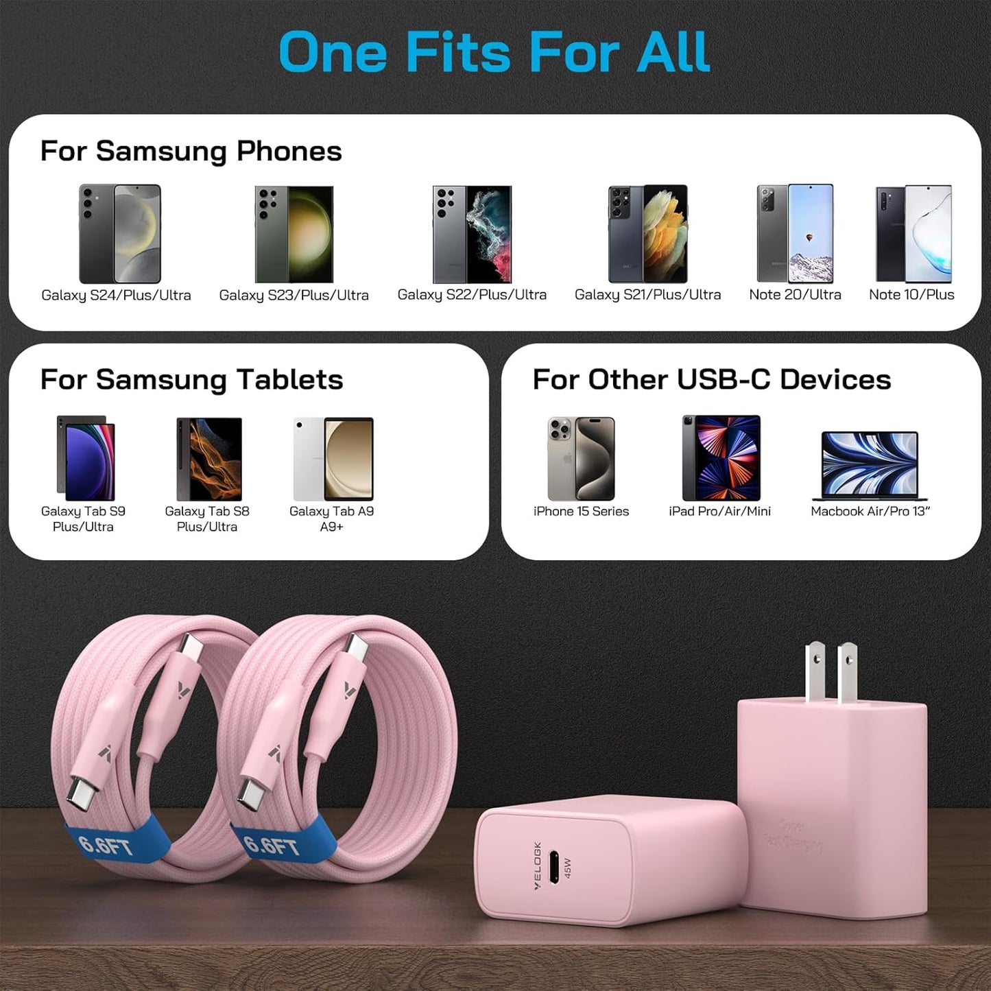 45W Super Fast Charger USB C, 45 Watt Type-C Android Phone Charger Fast Charging Block with 6.6FT Type C Cords for Samsung Galaxy S25 Ultra/S24 Ultra/S24+/S23 Ultra/S22 Plus/S20, Tab S9/S8 Ultra(Pink)