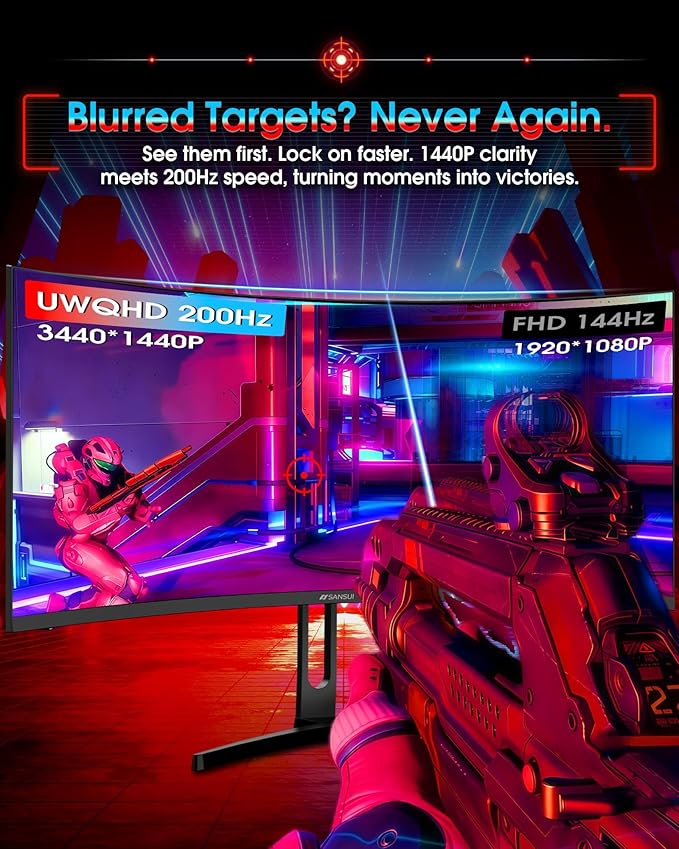 SANSUI 34 Inch UWQHD 200HZ Curved Gaming Monitor, FastVA 3440x1440P Ultrawide 1500R Curved Gaming Computer Monitor 21:9 with PIP PBP, AI Tech Enhance, 2xHDMI2.1 DP1.4Ports(HDMI2.1 Cable Incl.)