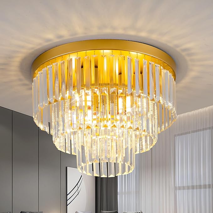17" Crystal Flush Mount Chandelier 4-Lights Gold Crystal Ceiling Light 3-Tier Luxury K9 Dining Room Light Semi-Flush Ceiling Light for Bedroom Living Room Entryway Kitchen Island Hallway