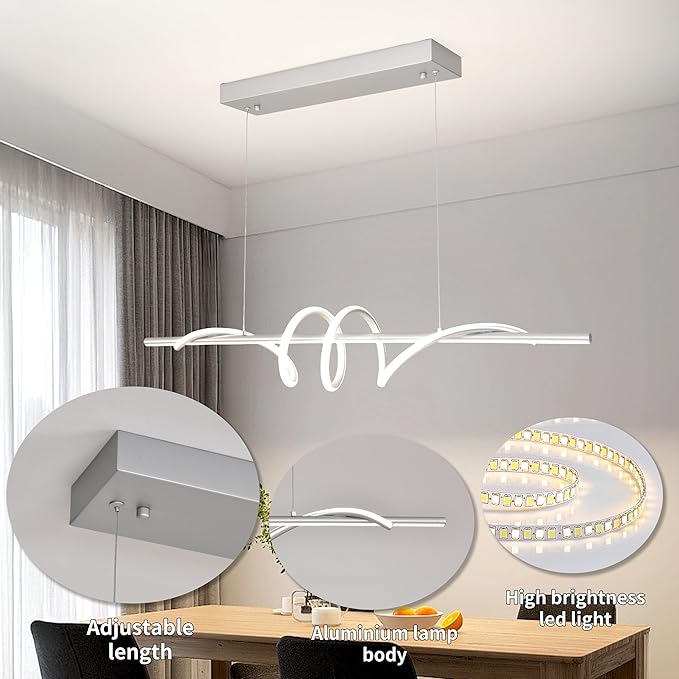 Modern LED Pendant Light, 39.37in Silver Chandelier Dimmable,3000K-6000K Adjustable Color Temperature, Aluminum Modern Kitchen Light Fixture for Dining Room