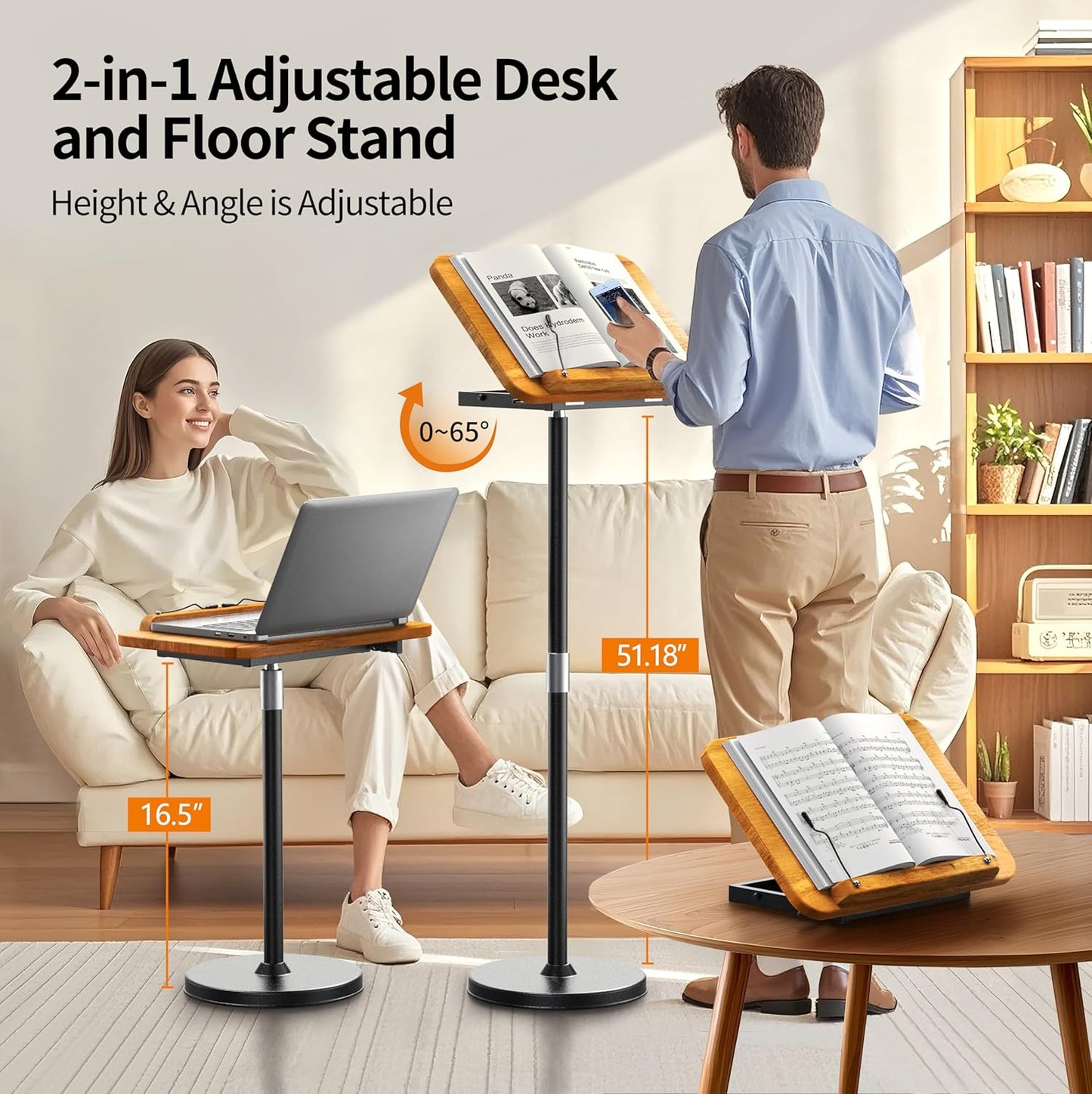 NAMON 2 in 1 Dual-use Music Stand & Desktop Book Stand, 100% Solid Wood, Height Adjustable from 16.5" to 51", Big Panel 16.5" * 11.8" with Page Paper Clip for Sheet Music (Dual Use Without T-Shape)