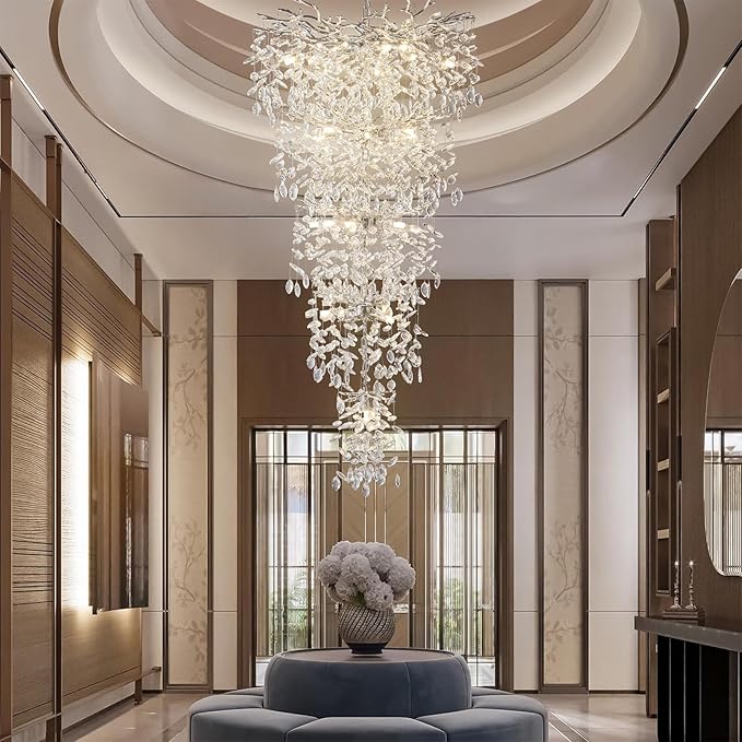 H63" Long Crystal Chandelier for High Ceiling, 28-Light Modern Silver Tree Branch Chandelier, Large Chandeliers for Staircase, Foyer, Entryway, Living Room, 5-Tier Luxury K9 Raindrop Light Fixture