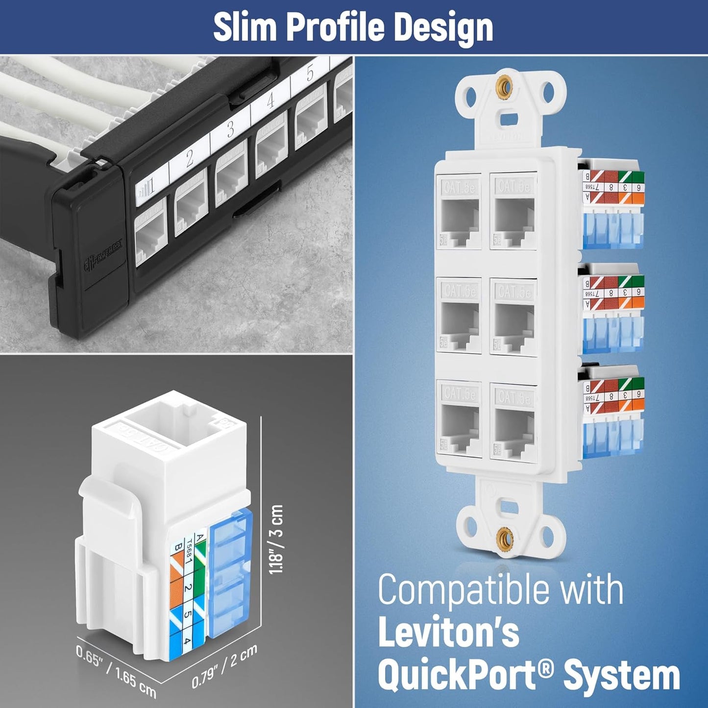 Everest 90° Angled RJ45 Cat5e Keystone Jacks 20-Pack in White - Slim Profile Female RJ45 Connectors - Cat 5e Keystone Jack - Compatible with 90° Angled Speed Termination Tool - easyJACK (B094WB91H3)