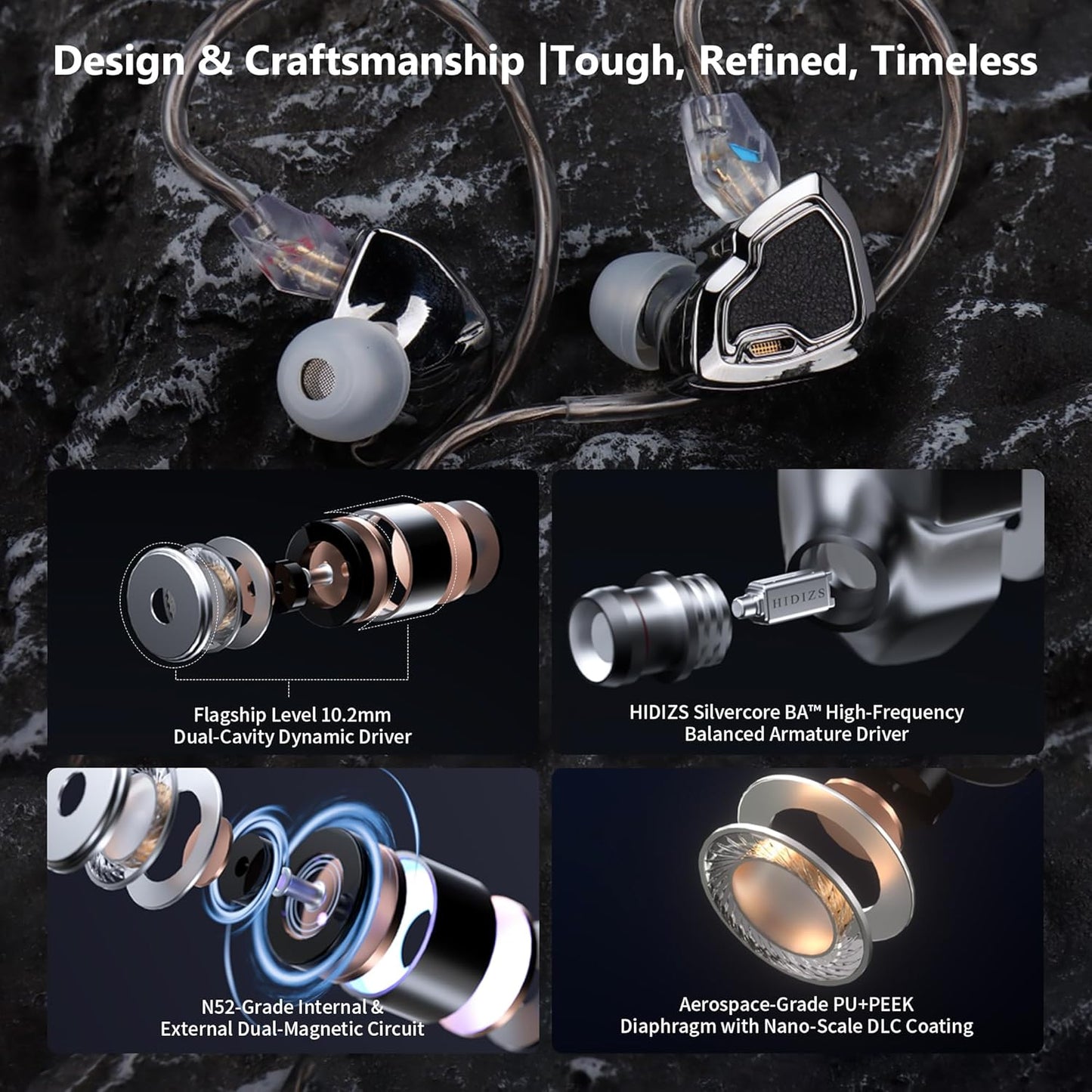 MS2 PRO in-Ear Monitor, 10.2mm Dual-Magnetic Drivers 1DD+1BA Hybird IEMs Wired Earbuds, Zinc Alloy Integrated Molding, Pneumatic Filters for Audiophile Musicians, Detachable 4.4mm OFC Cable