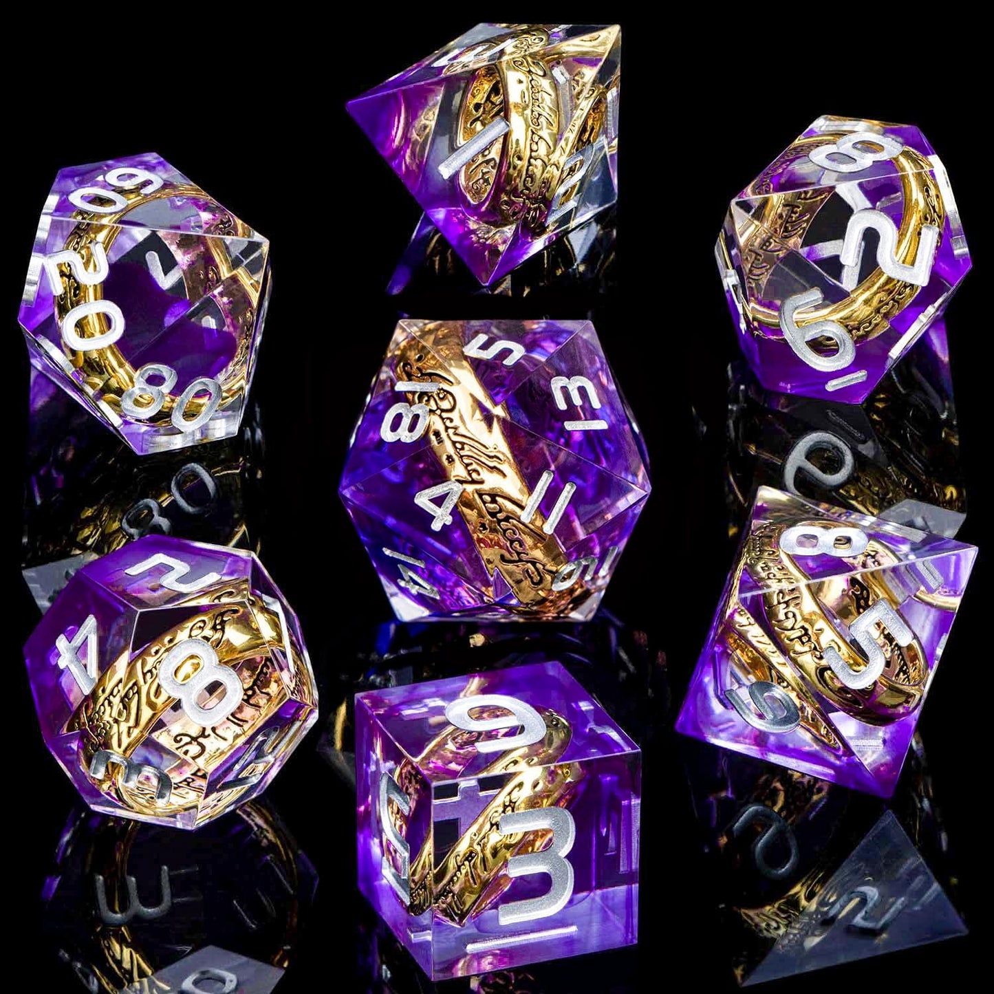 Magic Golden Ring DND Dice Set with Box, Purple Sharp Edge Handmade Lord D and D Polyhedral Dice for use with D&D Tabletop Games RPG, D20 D12 D10 D8 D6 D4
