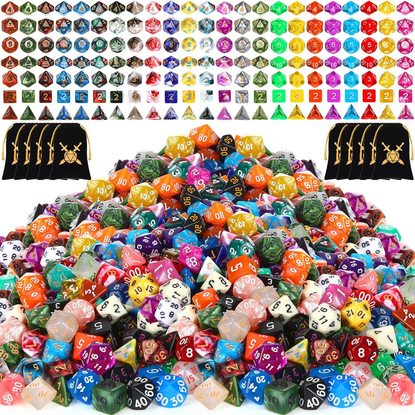 Yilloog 700 Pcs Compatible with DND Dice Sets Bulk Polyhedral Dice with Drawstring Bag Dice Multi Role Playing Table Game D4 D6 D8 D10 D% D12 D20 Compatible with Dungeons and Dragons (Assorted Style)