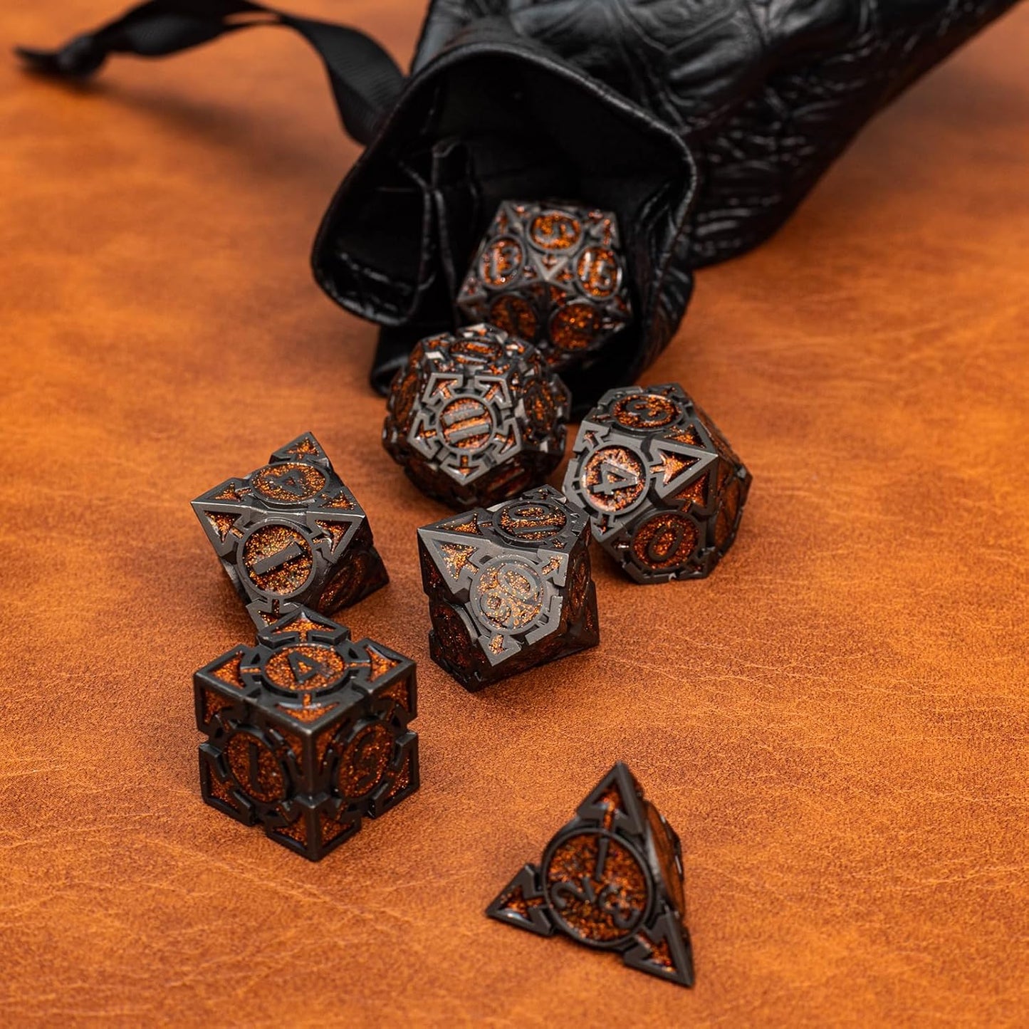 Orange Black Nickel Finish Heavy Metal DND Dice Set (Bard) with A Metal Box, Sharp Edge Zinc Alloy D&D Accessories, D4-D20, Designed for Dungeons & Dragons Master, RPG Player, Starter