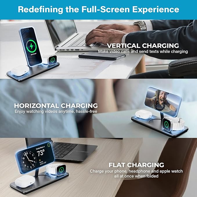 Nimble Podium 3-in-1 Wireless Charging Station for Apple, Qi2-Certified 15W Magsafe Charger Stand, Wireless Charger for iPhone 17 16 15 14 13 - Apple Watch - Airpods Series (Charger & USB-C Included)