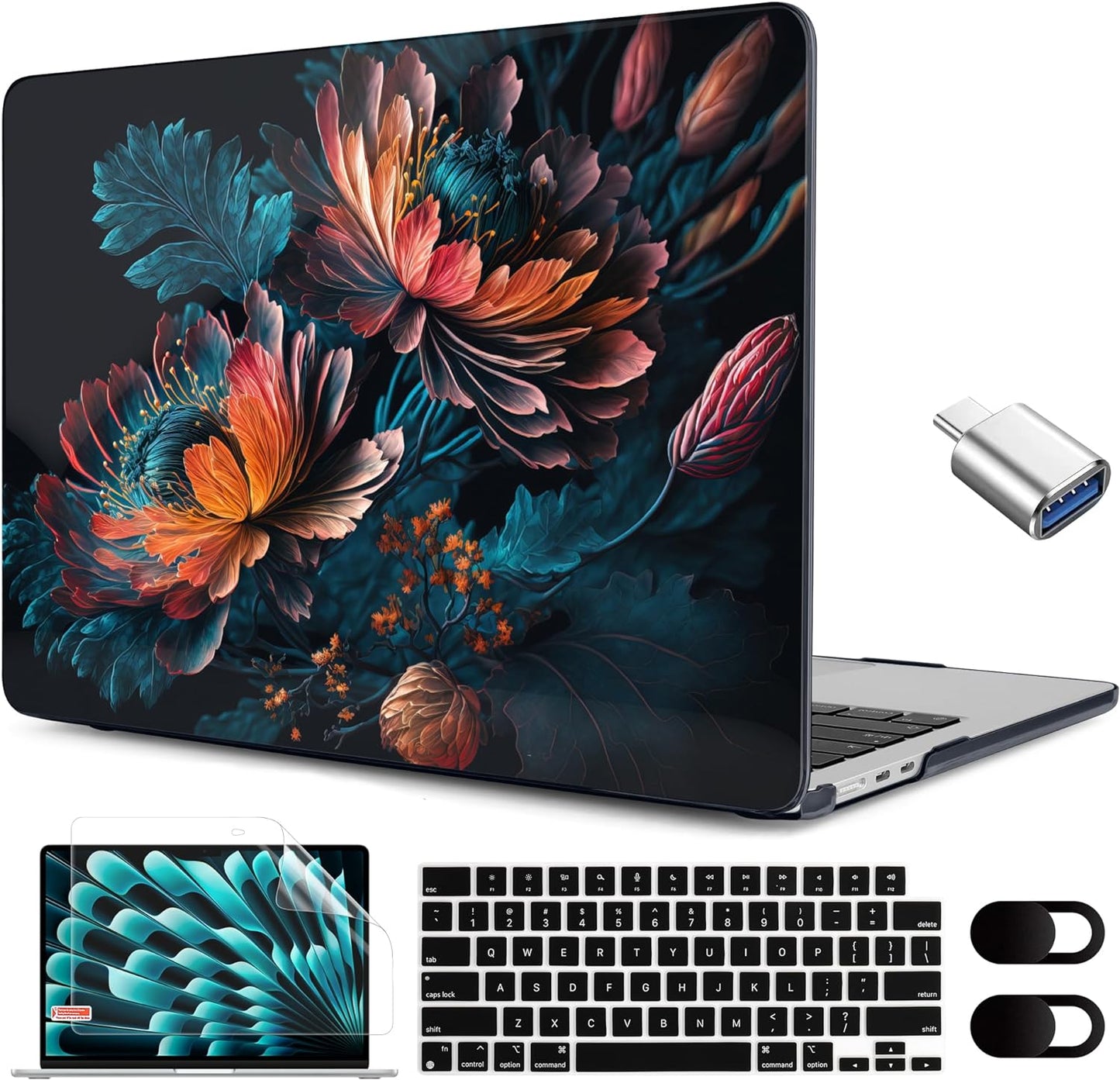 MEEgoodo for M4/M3/M2 MacBook Air 15.3 inch Case 2025 2024 2023, Case Fit Model (A3241/A3114/A2941) for MacBook Air 15 inch, Laptop Hard Shell with Keyboard Cover, Bunch Flowers