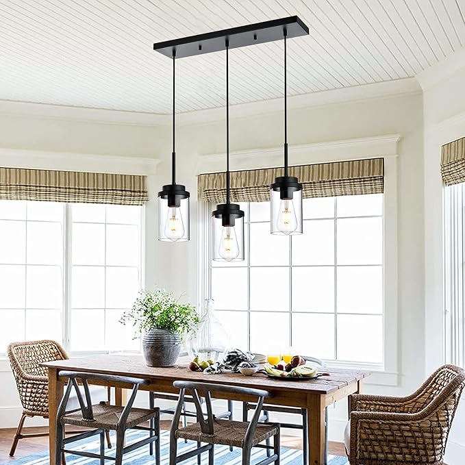 MELUCEE 3 Lights Linear Chandelier Black Finish Kitchen Pendant Lighting Over Island Dining Room Light Fixtures Ceiling Hanging Lamp with Clear Glass Shade, 20.5 Inches Length