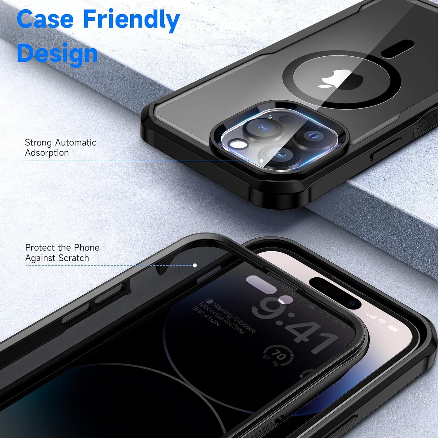 seacosmo for iPhone 14 Pro Case, Full Body Bumper with Built-in 9H Tempered Glass Privacy Screen Protector and Camera Lens Protector, Compatible with MagSafe, Shockproof Phone Cover, 6.1", Black