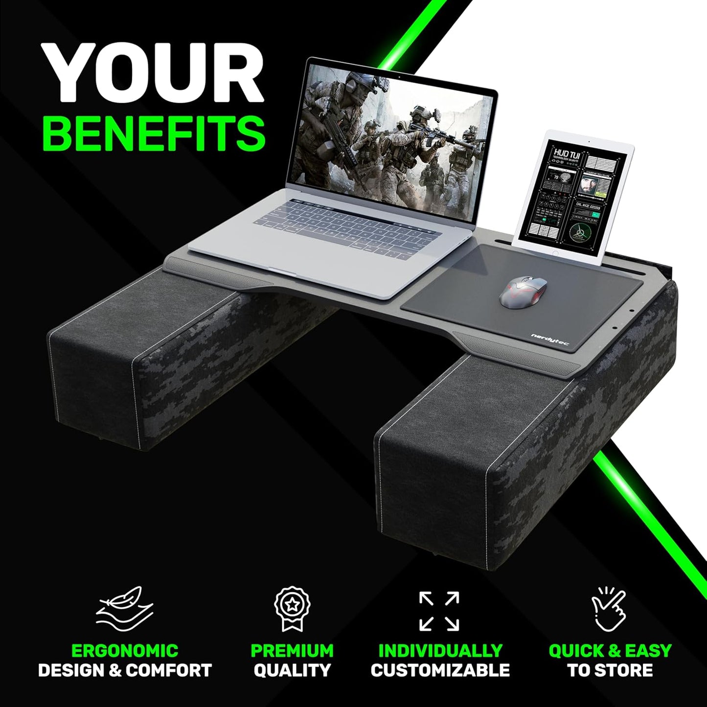 Couchmaster CYBOT, Premium Ergonomic Lap Desk for Notebooks, Sustainable Bamboo Construction, Kevlar Cushion Front, Ventilated Design, Fits Up to 17-Inch Laptops