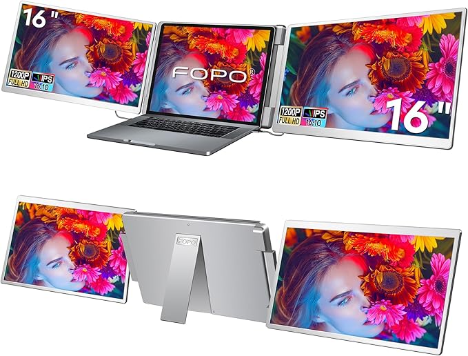 FOPO Portable Monitor for Laptop - 16” FHD 1200P Triple Monitor Laptop Screen Extender with HDMI and USB-C Connectivity for Effortless Multitasking-S11