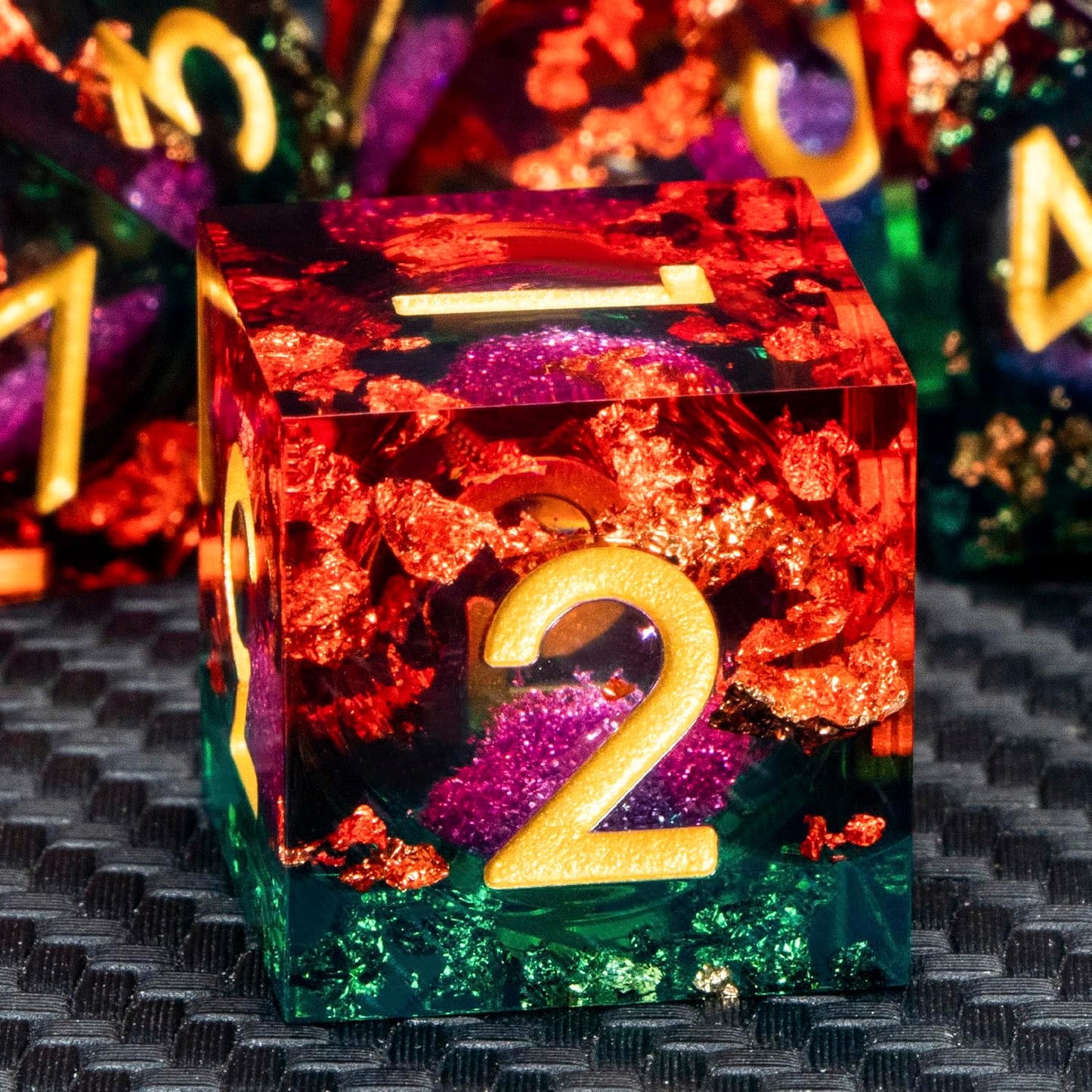 ARUOHHA Liquid Core DND Dice Set, 7pcs Resin Sharp Edged Dragons Dice Compatible with D&D Role Playing Games, RPG Golden Numbers Orange Green Dungeons Polyhedral D and D Dice with Gift Box D20 D10 D6