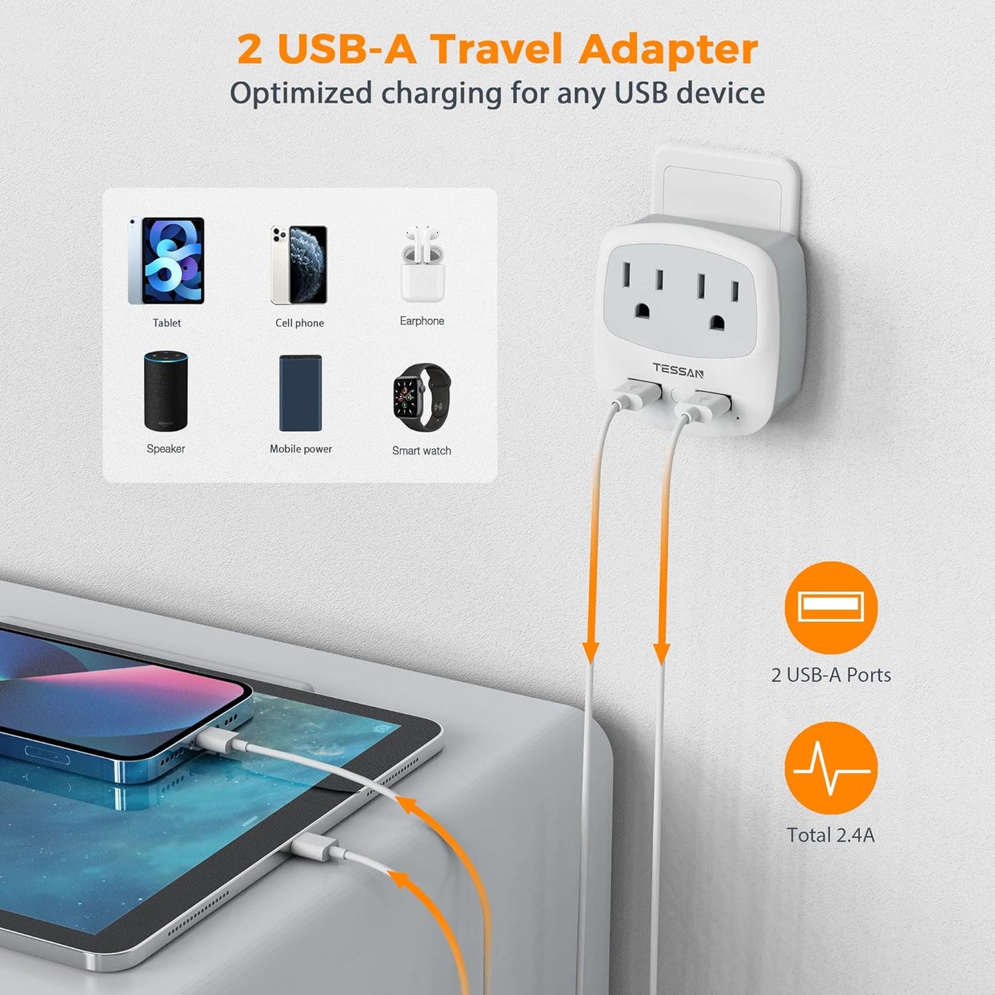 TESSAN Brazil Power Adapter, US to Brazil Plug Adaptor with 2 American Outlets and 2 USB Charging Ports, Type N Travel Adapter for USA to Brazilian Brasil
