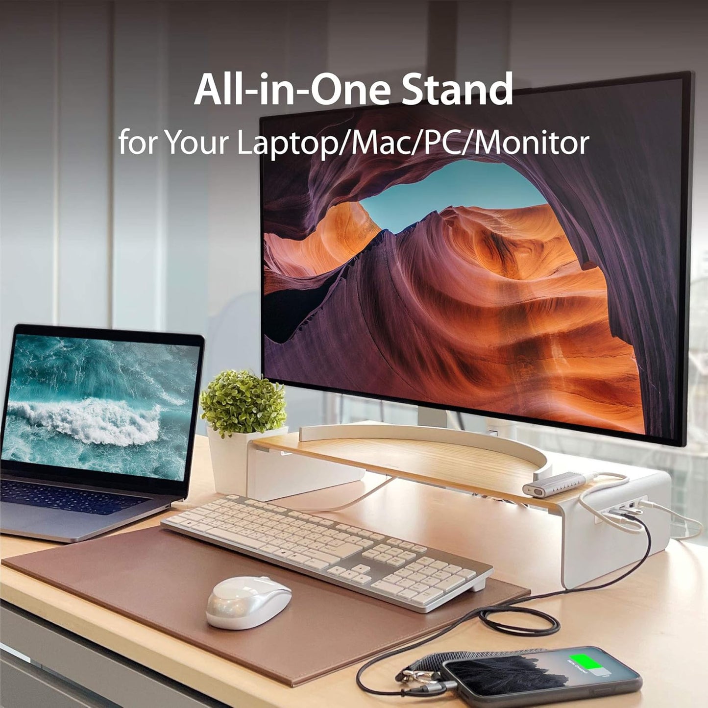 j5create Wooden Monitor Stand with USB Type C/HDMI Docking Station - USB 3.1 C to C Cable Included - Handmade Wood Panel with Aluminum Riser for Computer Screens, Laptops, TV