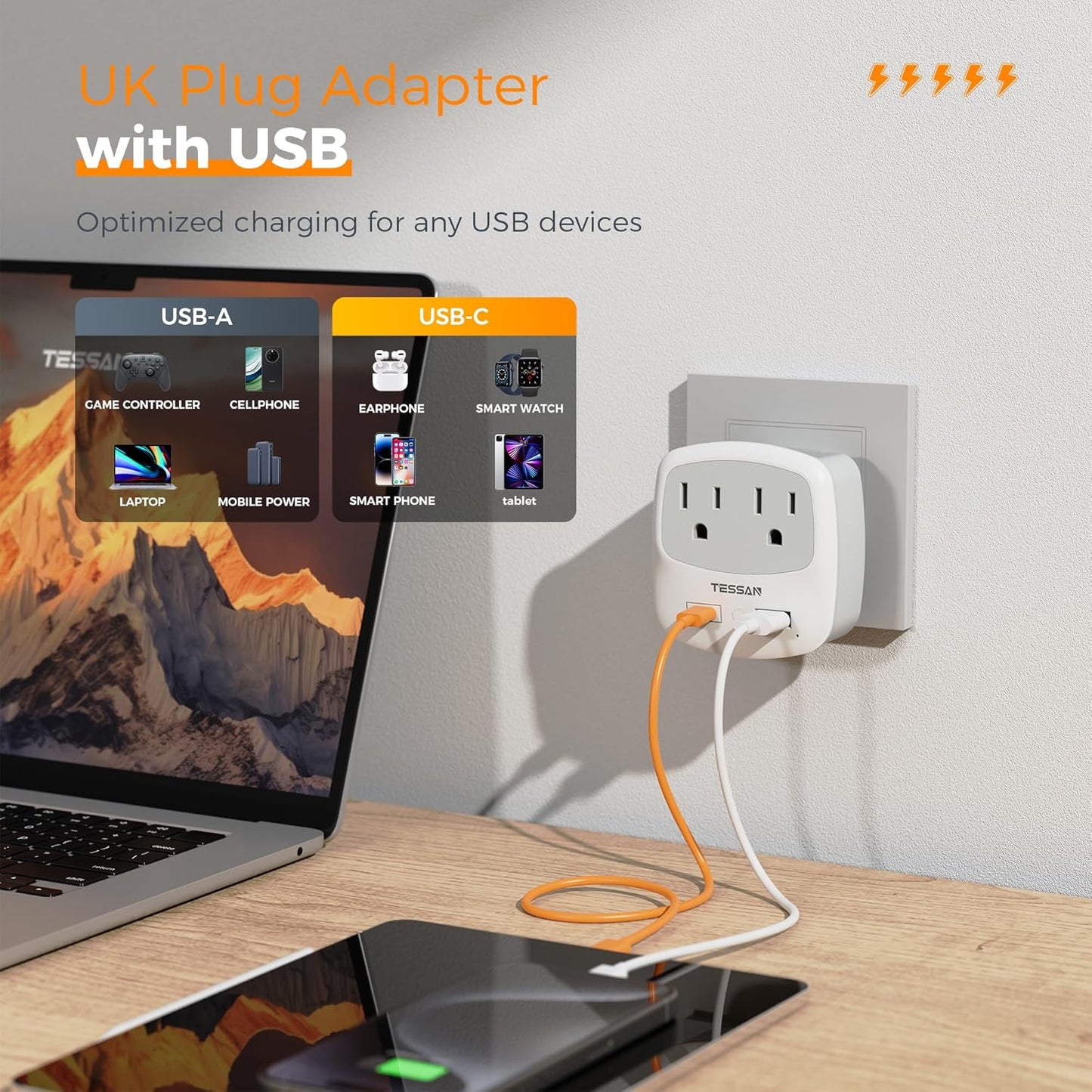 US to UK Plug Adapter, TESSAN Type G Travel Adaptor with 2 Electrical Outlets 2 USB Ports (1 USB C), Ireland Power Adapter for USA to England London Scotland British Dubai Kenya Hong Kong Qatar
