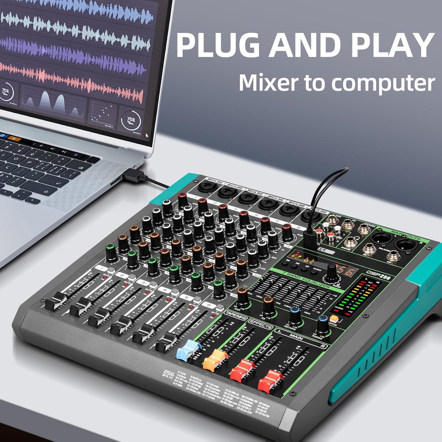 Depusheng PA6 professional DJ audio mixer 6 channel input built-in 256 kinds of DPS effects support 48V phantom power USB Bluetooth MP3 computer recording