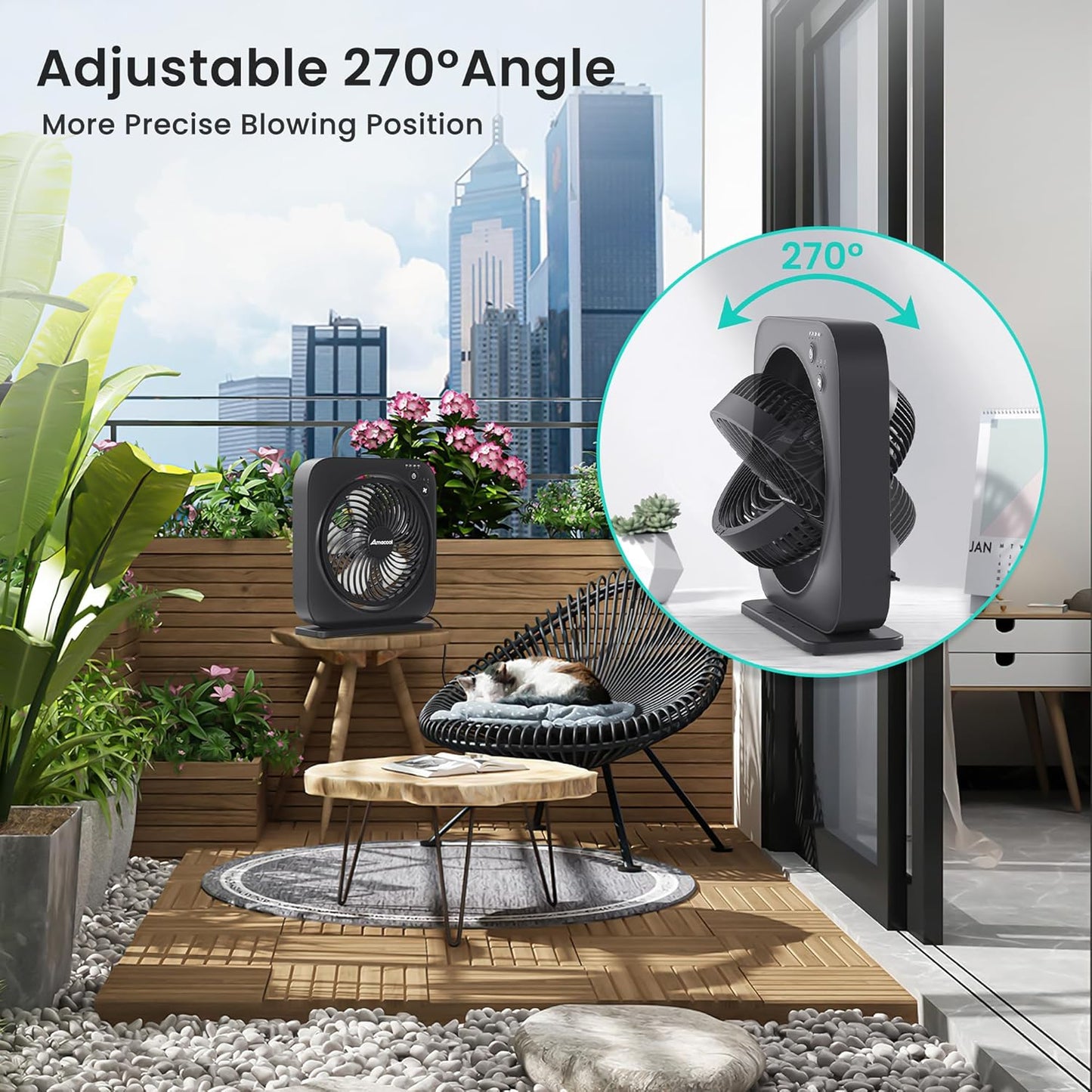 AMACOOL Table Fan, 12 inch Box Fan with 3 Adjustable Speeds & 8HRS Timer, 270° Pivoting Quiet Air Circulator, Desktop Fan for Bedroom Bathroom Kitchen Office, AC Adapter Included-Black