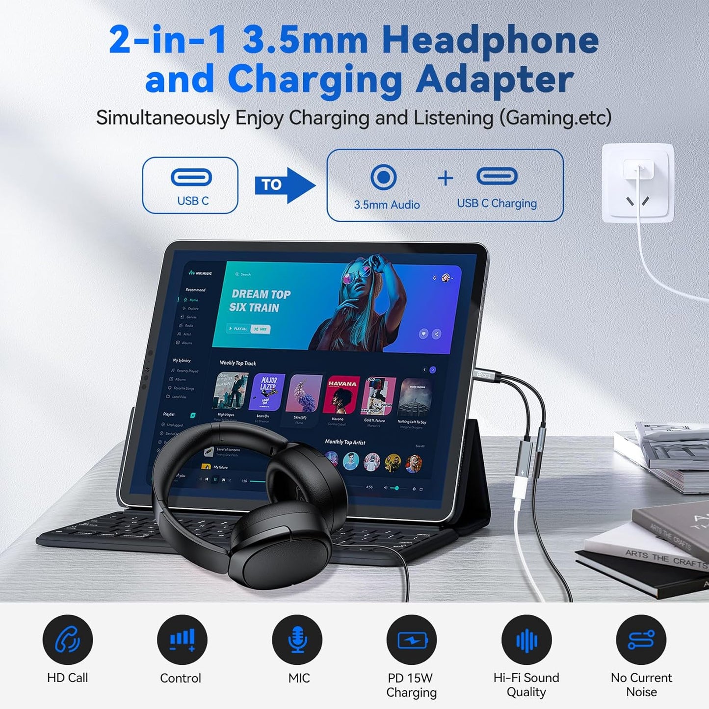 5PCS USB C Splitter for KZ ZS10 PRO, CCZ CA01 USB C to 3.5mm Audio Headphone and Charger Adapter, Type C Headphone Splitter 1 in 2 Out, Dongle Audio Cable DAC for Samsung Galaxy S25/S24 (USBC-3.5MM)