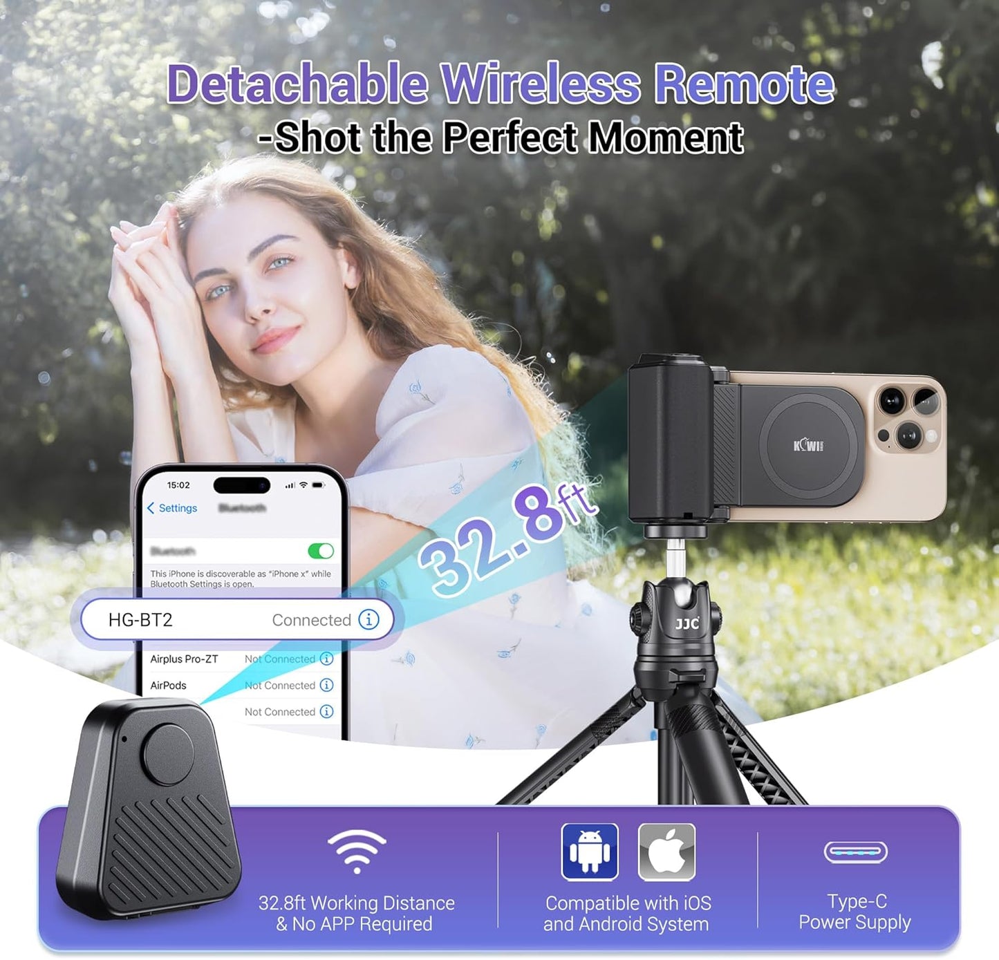 KIWIFOTOS Magnetic Phone Camera Grip for Magsafe Phone Tripod Handle with Bluetooth Remote & Tripod Mount Adapter for iPhone 16 Pro Max Samsung Smartphone Vlog Video Shooting (Black)
