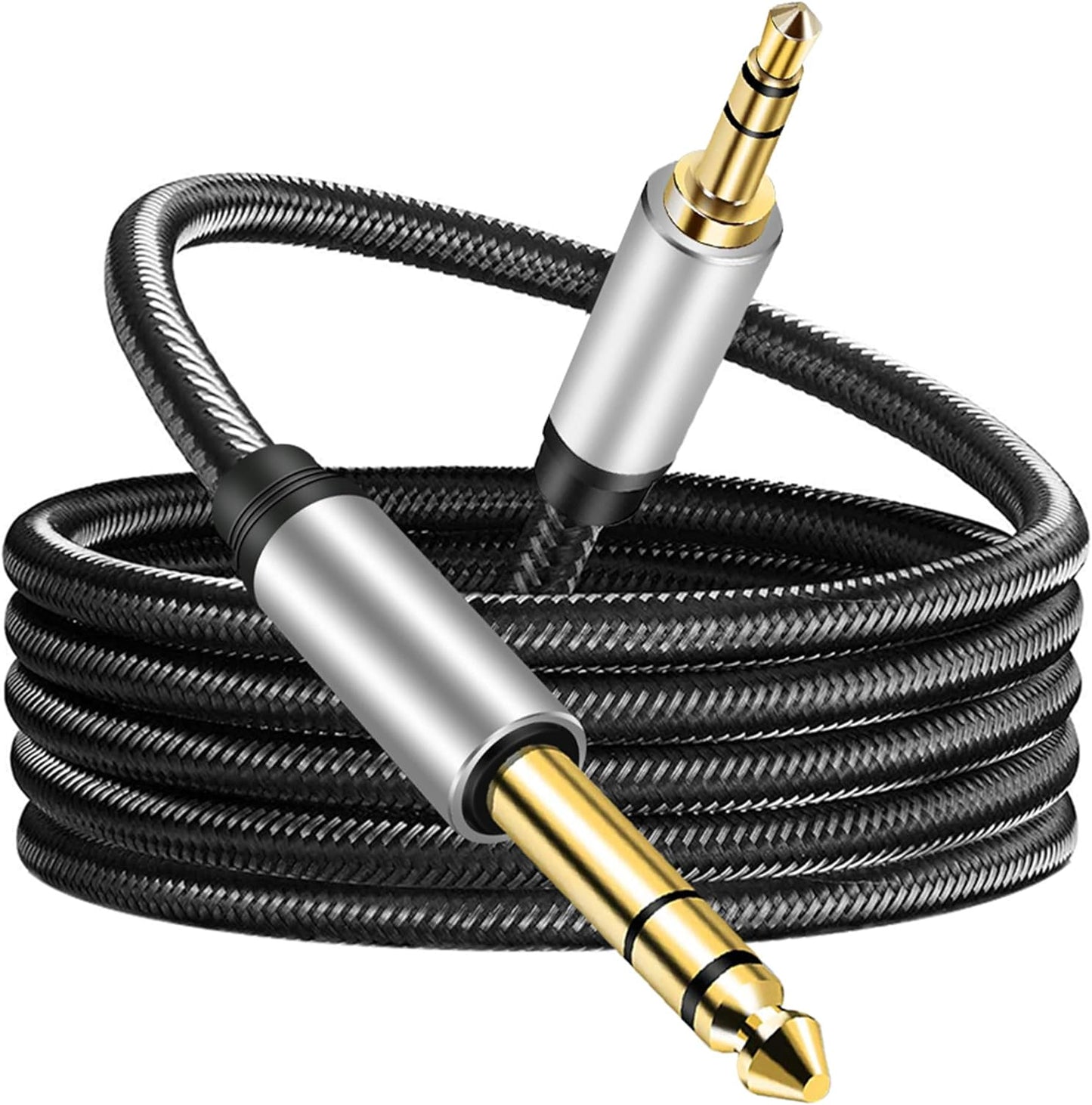 3.5 mm to 6.35 mm Audio Cable 3Ft, Gold-Plated Terminal Silver Color Zinc Alloy Housing 3.5mm 1/8" Male TRS to 6.35mm 1/4" Male TRS Nylon Braided Stereo Audio Cable for Cellphone, Amplifiers(3Ft/1M)