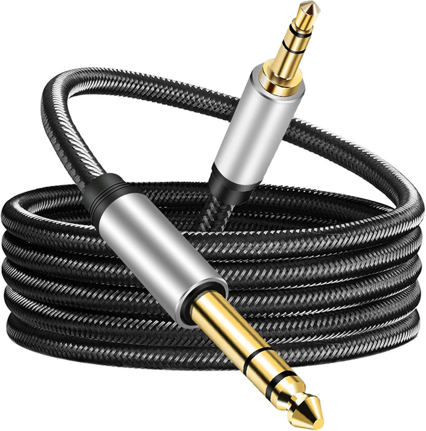 3.5 mm to 6.35 mm Audio Cable 20Ft, Gold-Plated Terminal Silver Color Zinc Alloy Housing 3.5mm 1/8" Male TRS to 6.35mm 1/4" Male TRS Nylon Braided Stereo Audio Cable for Cellphone,Amplifiers(20Ft/6M)