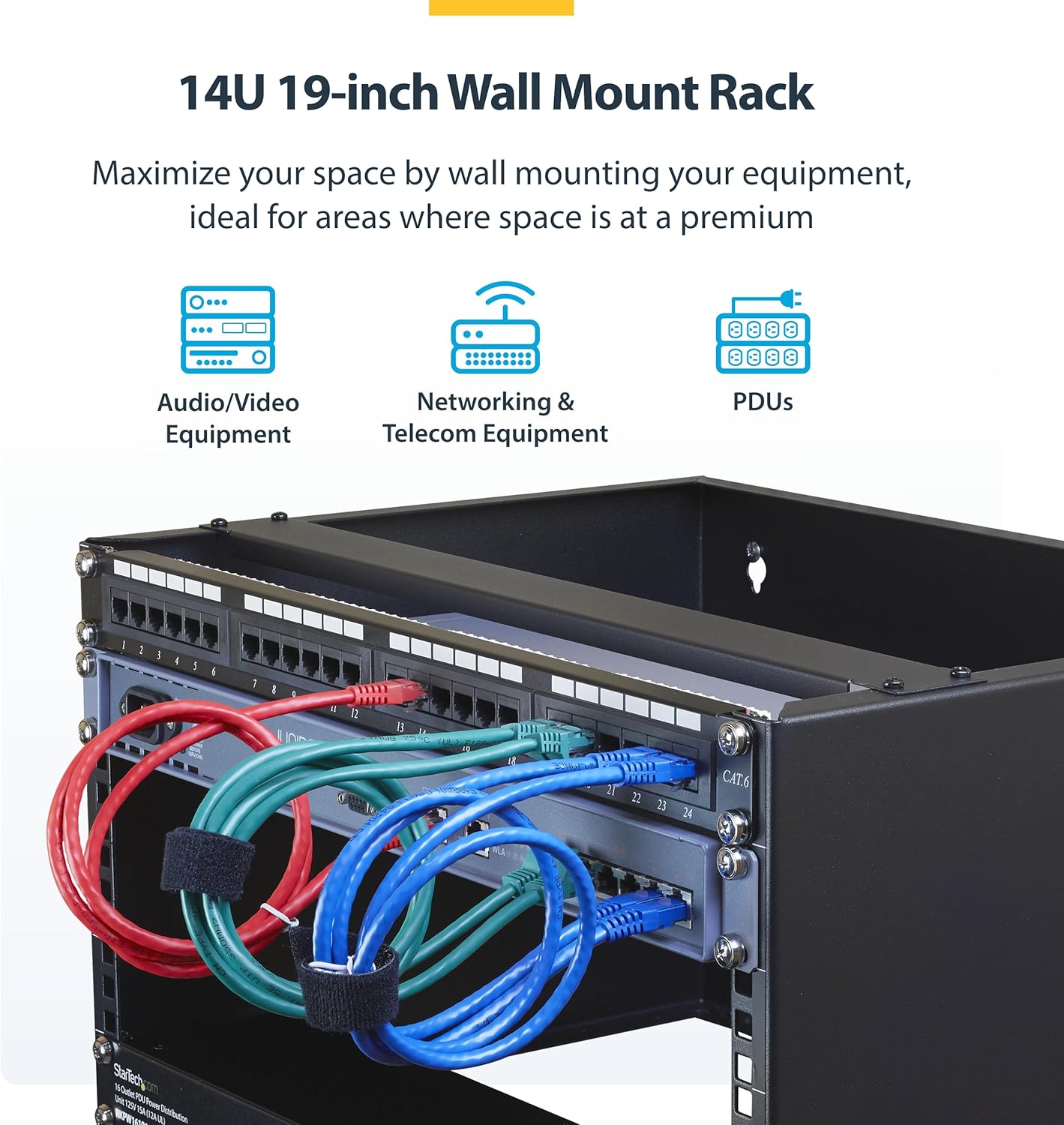 StarTech.com 14U Wall Mount Network Rack, 14 in Deep (Low Profile), 19" Patch Panel Bracket for Shallow Server, IT Equipment, Network Switches, 77lbs/35kg Weight Capacity, Black (RACK-14U-14-BRACKET)