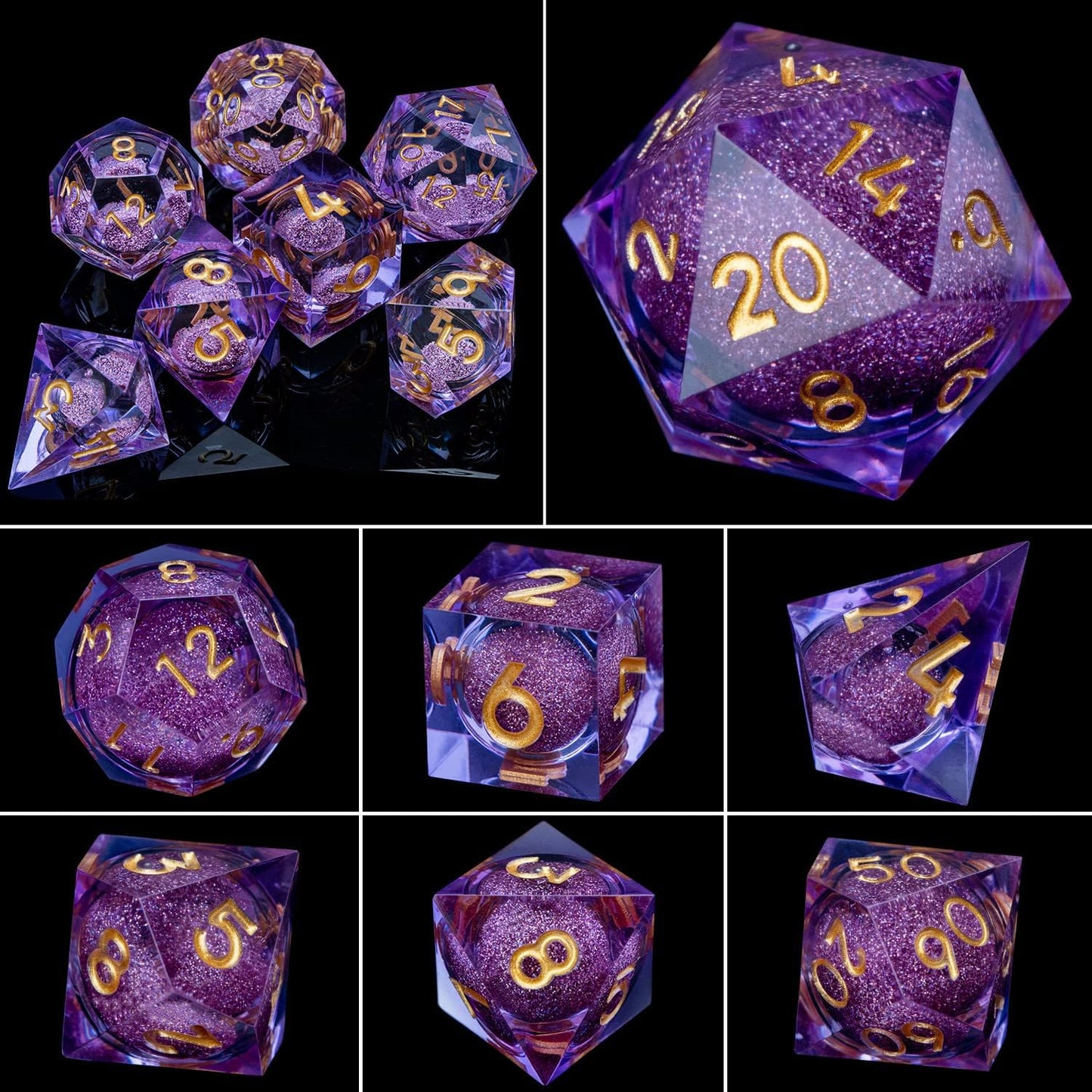 ARUOHHA DND Liquid Core Dice, 7pcs Resin Sharp Edged Dice Set RPG Translucent Polyhedral D and D Dice, Role Playing Dice Set D20 D12 D10 D8 D6 D4 with Gift Box