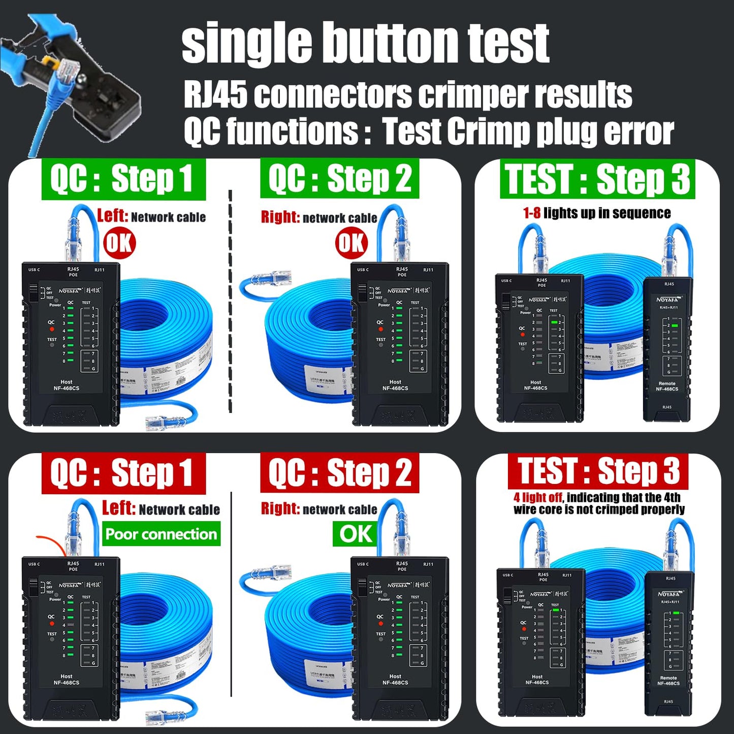 NOYAFA Network Cable Tester for RJ45, RJ11, RJ12 /Cat5, Cat5e, Cat6, Cat6a, Cat7, Phone Line Cat3, Ethernet Tester, LAN Cable Test Tool (Black)
