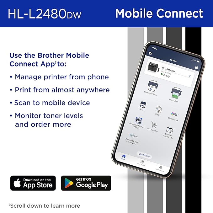 Brother HL-L2480DW Wireless Compact Monochrome Multi-Function Laser Printer with Copy and Scan, Duplex, Mobile, Black & White | Includes Refresh Subscription Trial(1), Works with Alexa