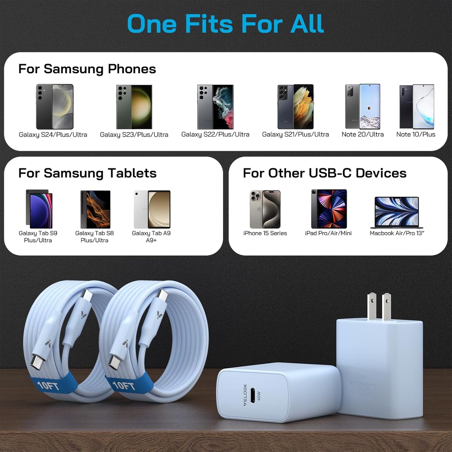 45W Super Fast Charger USB C, 45 Watt Type-C Android Phone Charger Fast Charging Block with 10FT Type C Cords for Samsung Galaxy S25 Ultra/S24 Ultra/S24+/S23 Ultra/S22 Plus/S20, Tab S9/S8 Ultra(Blue)
