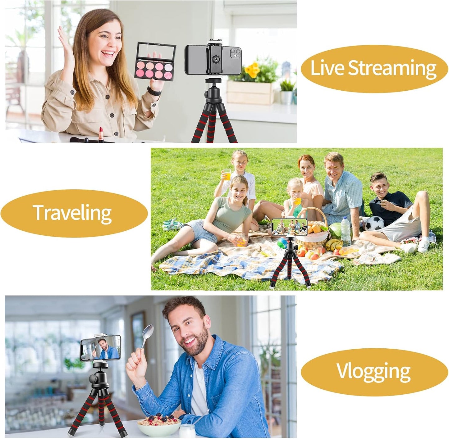 Sensyne Phone Tripod, Flexible Cell Phone Tripod with Phone Holder and Wireless Remote, Mini Travel Tripod Stand, Compatible with All Cell Phones, Cameras (Red)