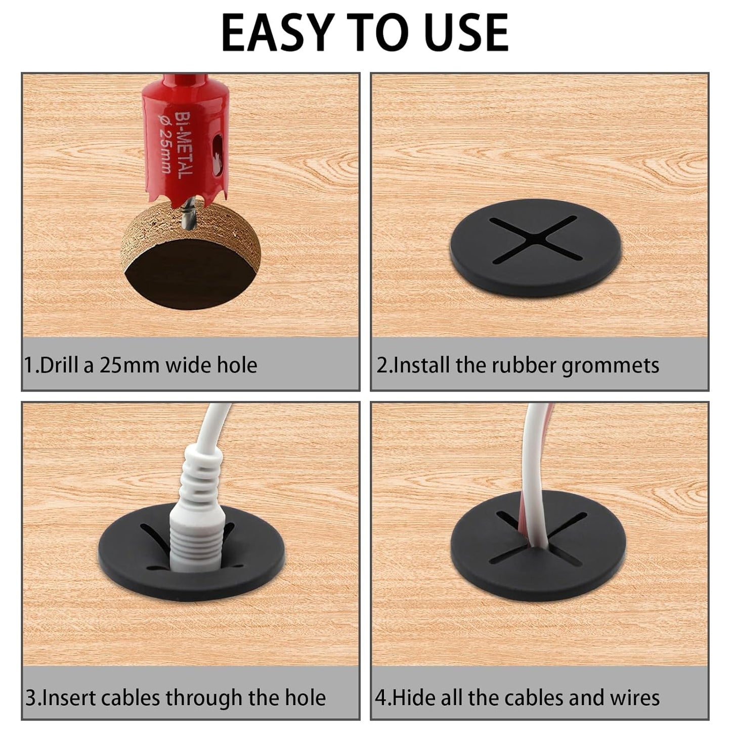 1 Inch（25mm) Desk Grommet, 13 Pieces Wire Grommet, Desk Hole Cover for Cables with Hole Saw,Plastic Cable Cord Wire Hole Cover for Desk, Table,Cabinet,Countertop and Other Furniture(Black)