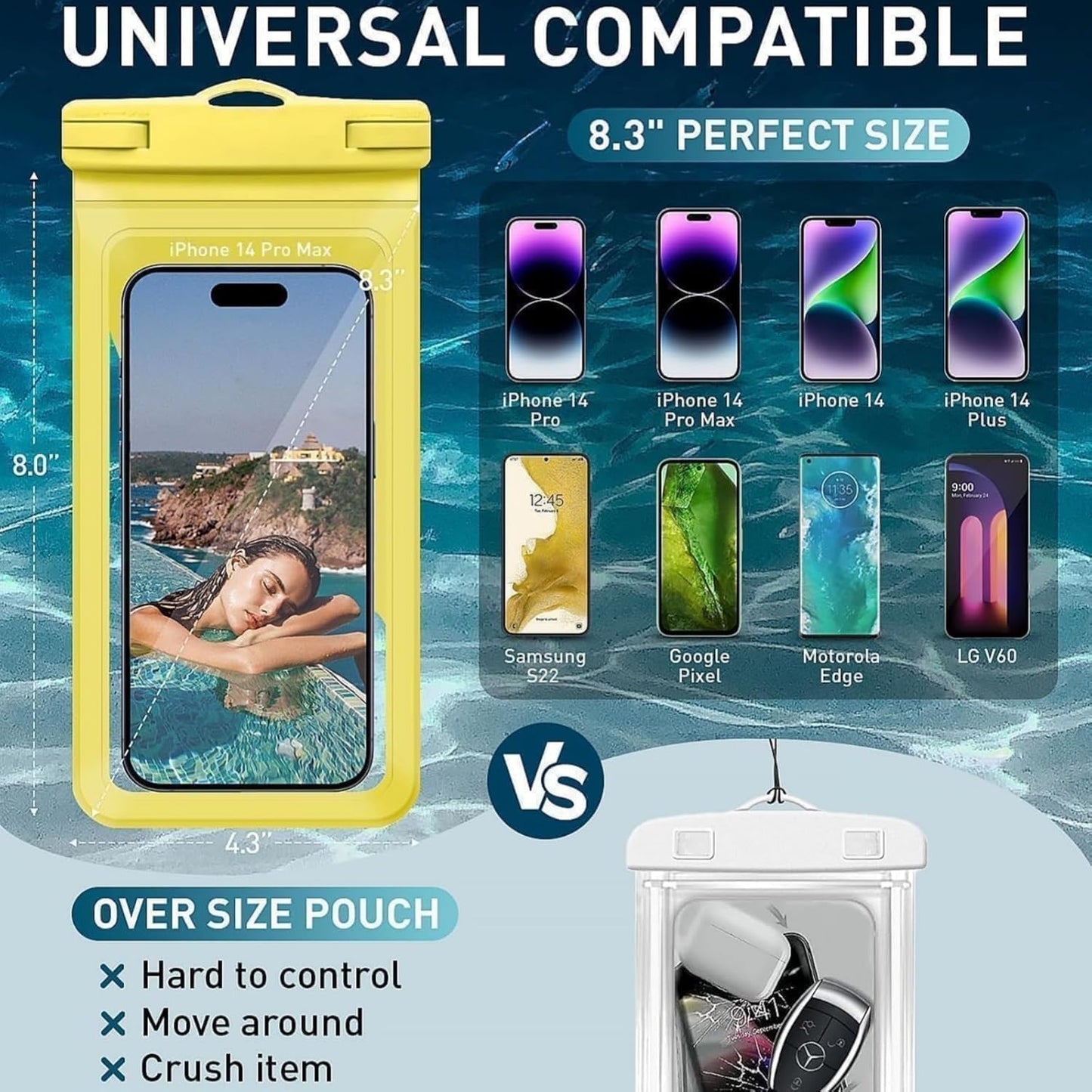 Universal Waterproof Phone Case,with Inside Card, Certified and Lightweight Waterproof Cellphone Pouch Under Water Beach Accessories for iPhone 16 15 14 13 Pro Max, 1 Pack-Yellow-8.3″