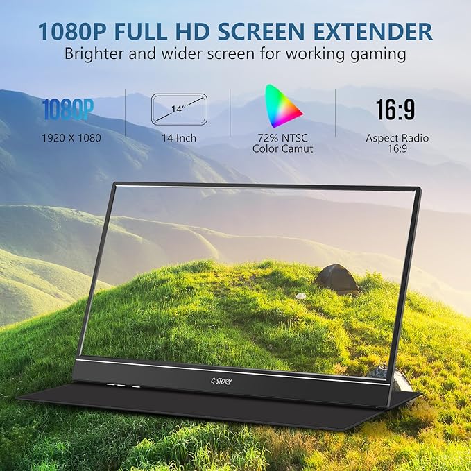 G-STORY Portable Monitor 14 Inch FHD 1080P IPS USB-C,USB-A Laptop Monitor with Adjustable and Hidden Cable Design，Extender Display with Smart Cover for Laptop PC MAC Perfect for Travel