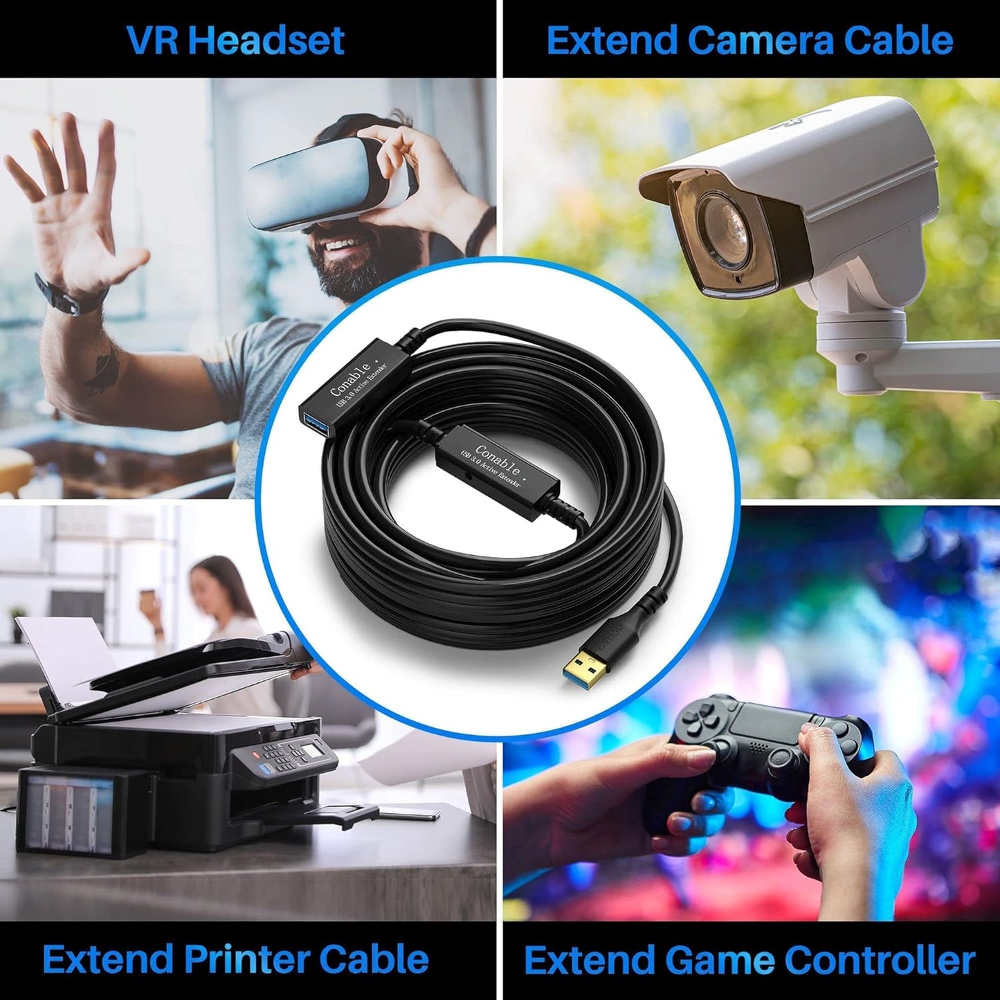 USB 3.0 Active Extension Cable 30 Feet, Long USB Type-A Male to Female Extender Cord, Built-in 2 Signal Booster Smart Chips, 5Gbps Transfer, for Printer, Xbox, Webcam, VR, Hard Drive, USB Hub and More