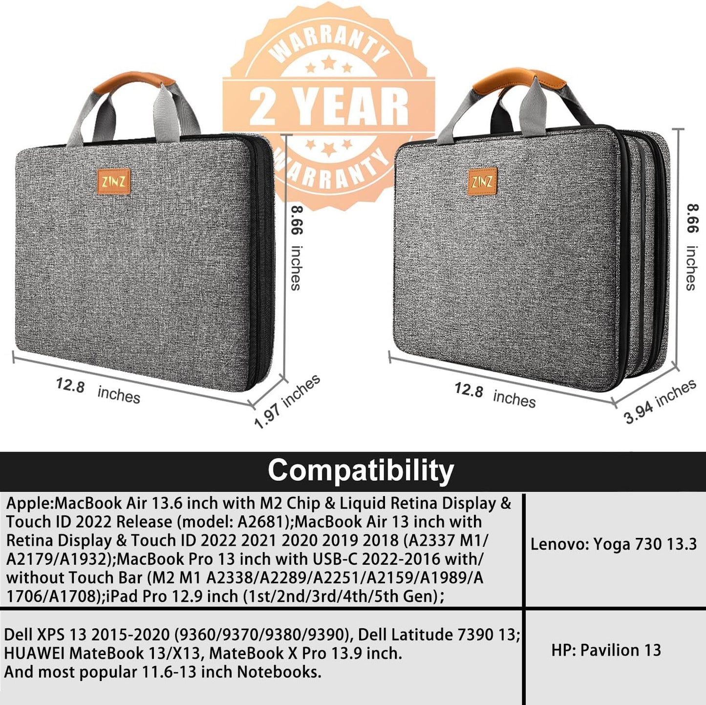 ZINZ Slim Expandable Laptop Case 13 Inch Sleeve Upgraded Protective Durable Recycled Briefcase for 13" MacBook Air/Pro M1/M2, iPad Pro 12,9, Surface Pro 3/4/5/6/2017 12.3",XPS 13,D01G03