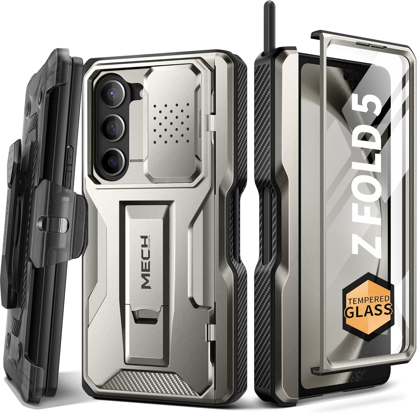 TONGATE for Z Fold 5 Case, [with S Pen Slot & Hinge Protection] [Tempered Glass Screen Protector] Full-Body Military Drop Phone Case for Samsung Galaxy Z Fold 5 with Kickstand & Belt Clip, Tigray